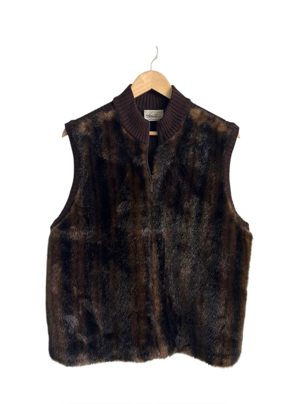 Vintage Kathie Lee Faux Fur Full Zip Vest Woodland Brown 90s Y2K XL